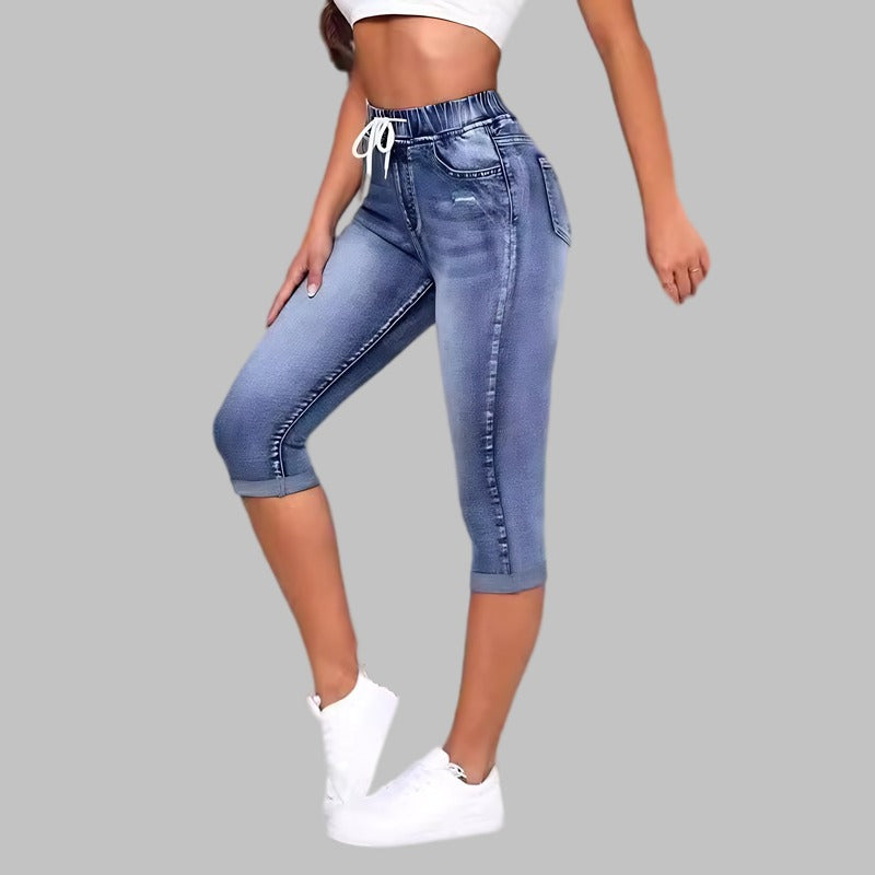 Cross-border European And American Hot Selling Women's Jeans Women's High Elastic Elastic Waist Drawstring High Waist Sexy Ripped Jeans