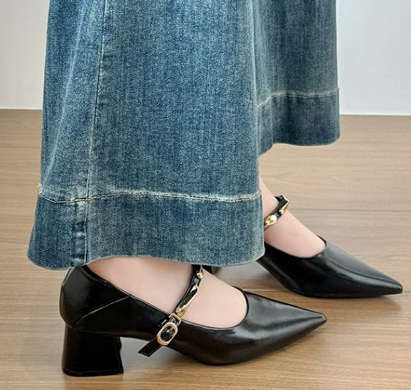 French Pointed Toe Block Heel Pumps For Women, Metal Strap Low Cut Mary Janes, Versatile Fashion Shoes For Spring & Autumn