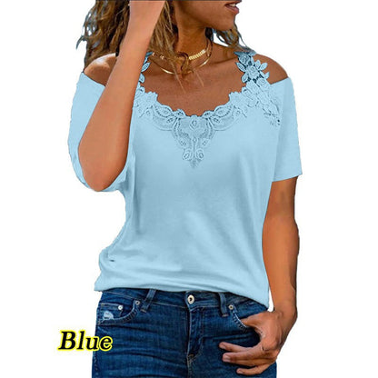 V-Neck Patchwork Short-Sleeved Lace Casual Loose T-Shirt For Women