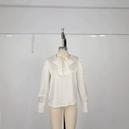 Elegant Solid-color V-neck Long-sleeve Blouse With Ribbon Detailing