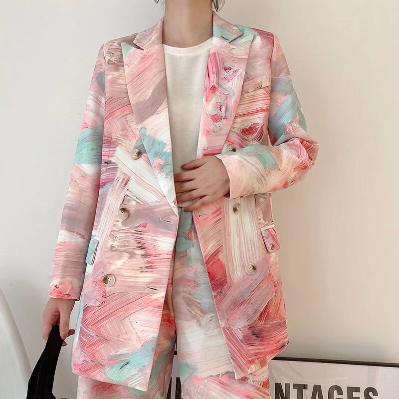 Graffiti Printing Double Breasted Blazer For Women