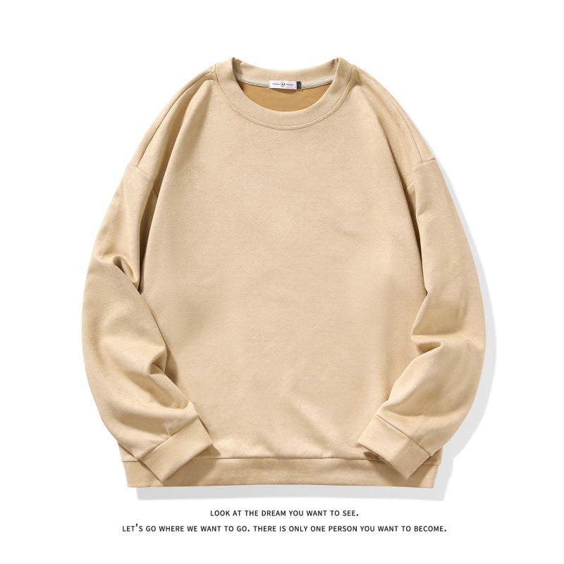 Mens Simple Suede-Brushed Pullover Crewneck Long-Sleeve Sweatshirt