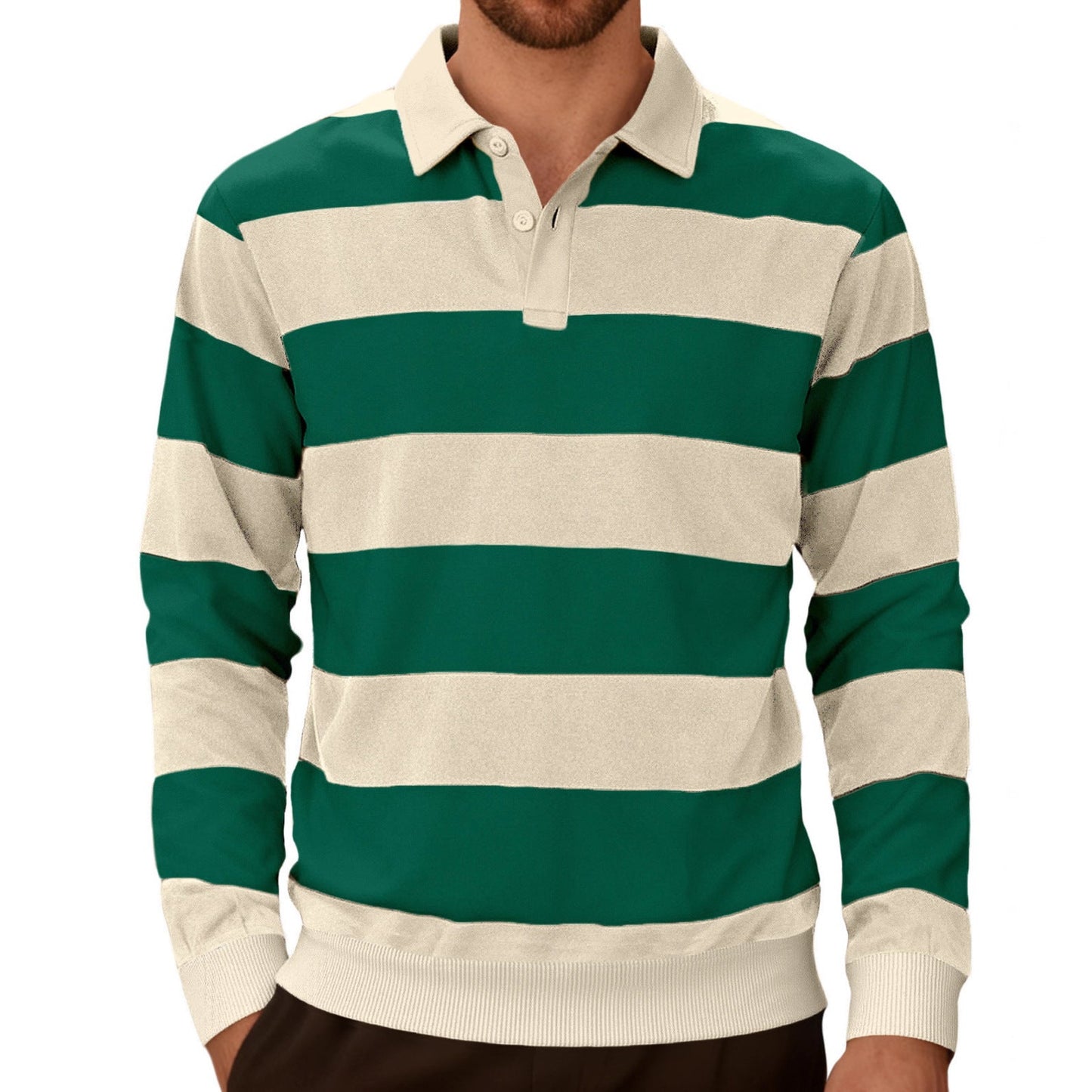 Men's Striped Color-Blocked Button Long-Sleeve Knit Shirt, Casual Sporty Trendy Business Polo Shirt