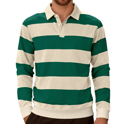 Men's Striped Color-Blocked Button Long-Sleeve Knit Shirt, Casual Sporty Trendy Business Polo Shirt
