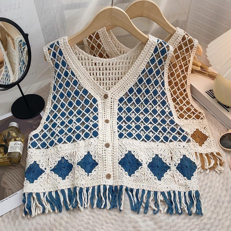 Vintage Diamond-Pattern Tassel Knitted Vest For Women