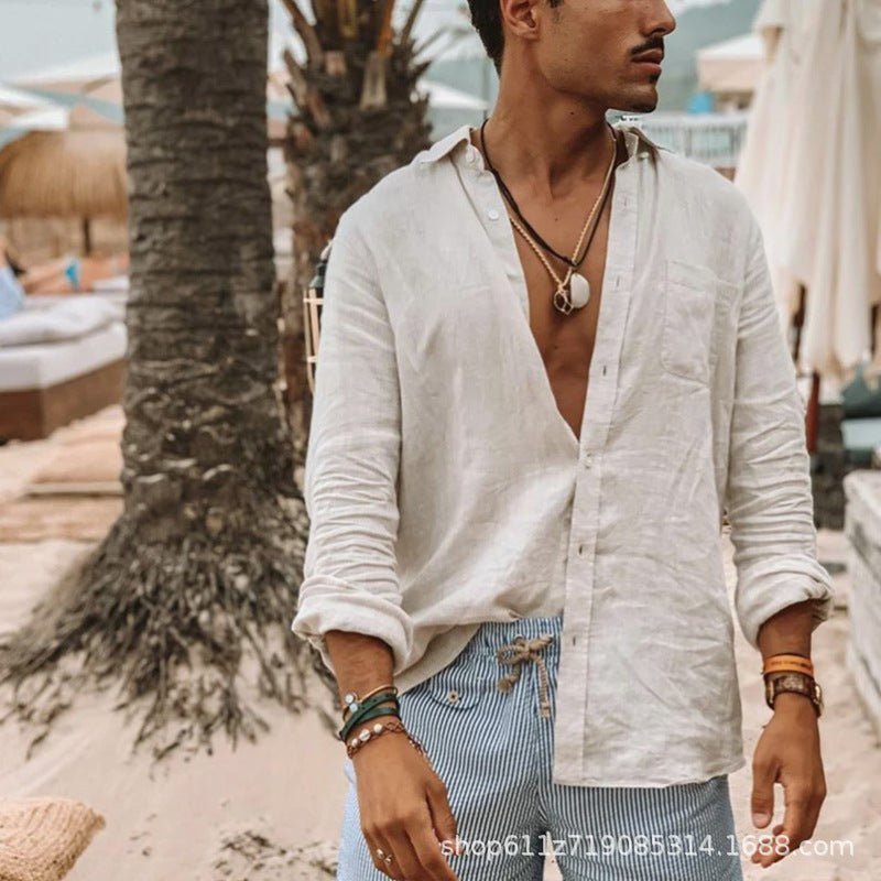 Foreign Trade Autum New Men's Pure Color European And American Loose Casual Lapel Long-Sleeved Cardigan Beach Shirt Men's Style