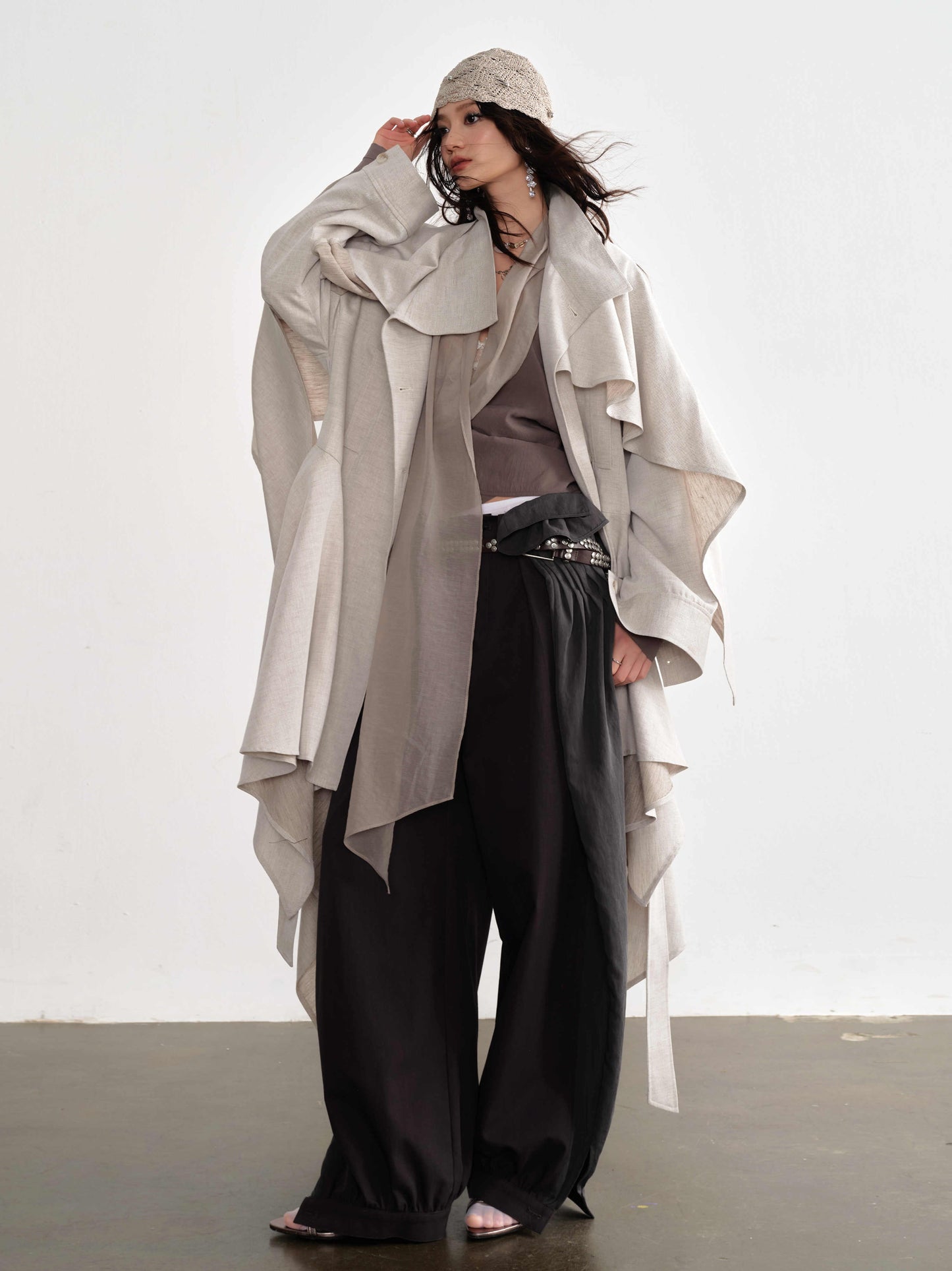 Gypsum White Linen Blended Irregular Skirt Trench Coat