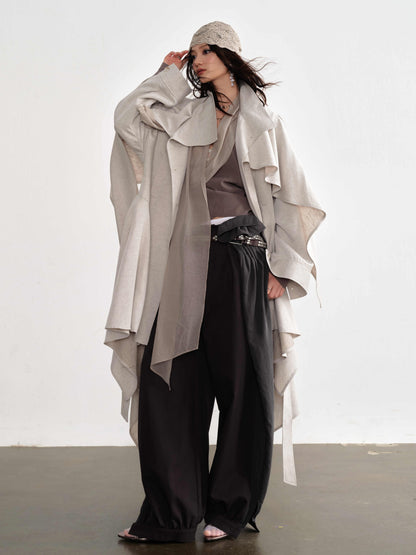 Gypsum White Linen Blended Irregular Skirt Trench Coat