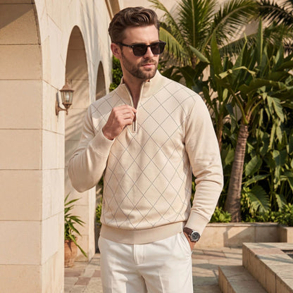 Mens Diamond-Check Half-Zip Long-Sleeve Casual Sweatshirt