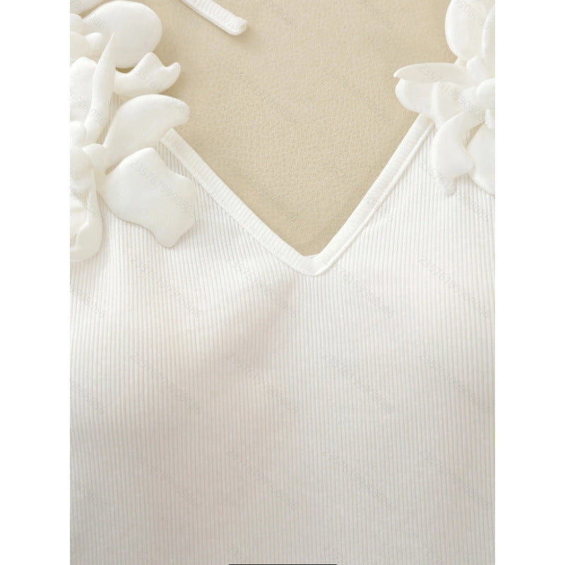 Solid Color Knitted Vest with 3D Floral Lace-up Detail - Women's Sleeveless Slim Fit Crochet Top for Casual Daily Wear