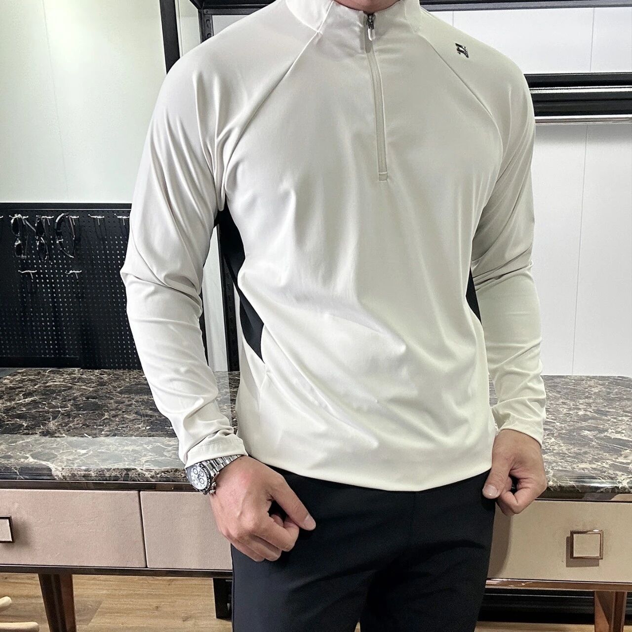 Mens Quarter Zip Quick Dry Long Sleeve Pullover Stand Collar Athletic Tops Breathable Lightweight Outdoor Hiking Running Training Performance Shirts