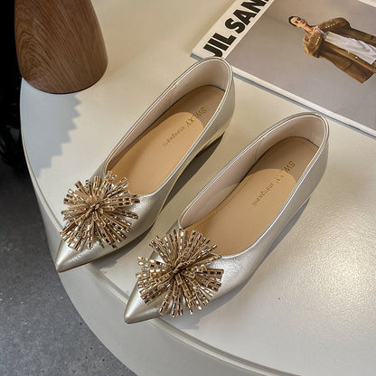 Women's 6cm Invisible Height Increase Mary Jane Flats, French Elegant Pointed Toe Low Cut Slip On Shoes, Rhinestone Floral Decor Dress Shoes For Matching Dresses