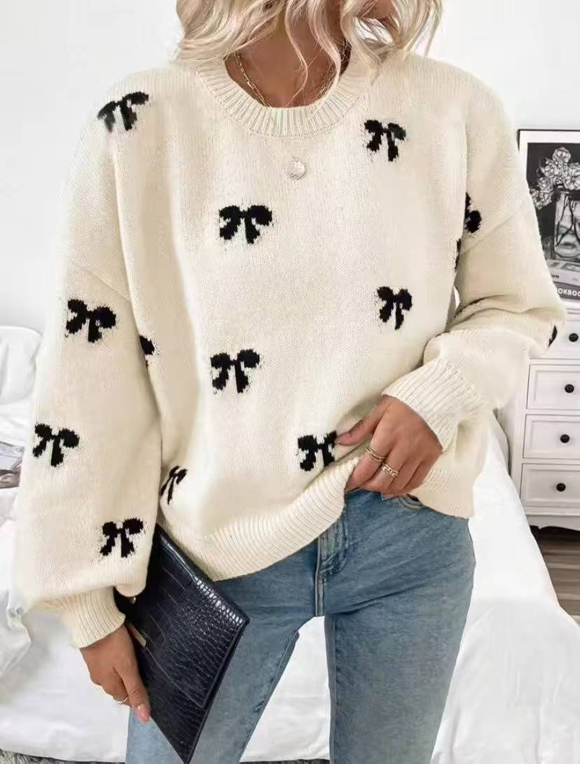 European And American Foreign Trade Amazon Bow Jacquard Sweater Clothes Autumn Women's Simple Design Women's Sweater