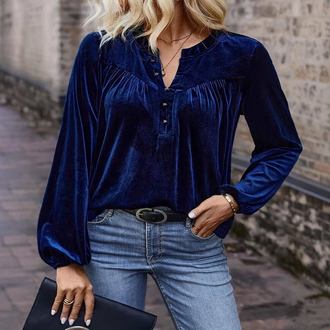 Women's Casual Chic Solid Color V-Neck Button Long Sleeve Pullover Top For Spring & Fall