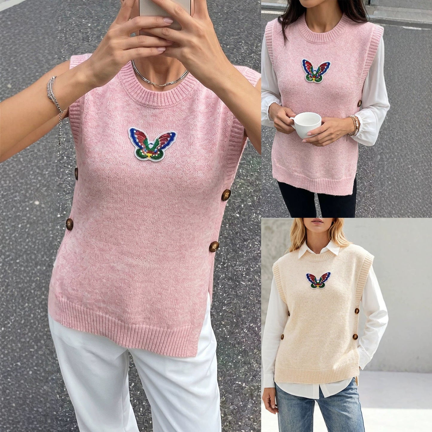 Knitted Women's Jacket Round-Neck Sequin Butterfly Vest
