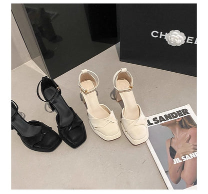 Women Elegant Ruched Square Toe Platform Block Heel Pumps