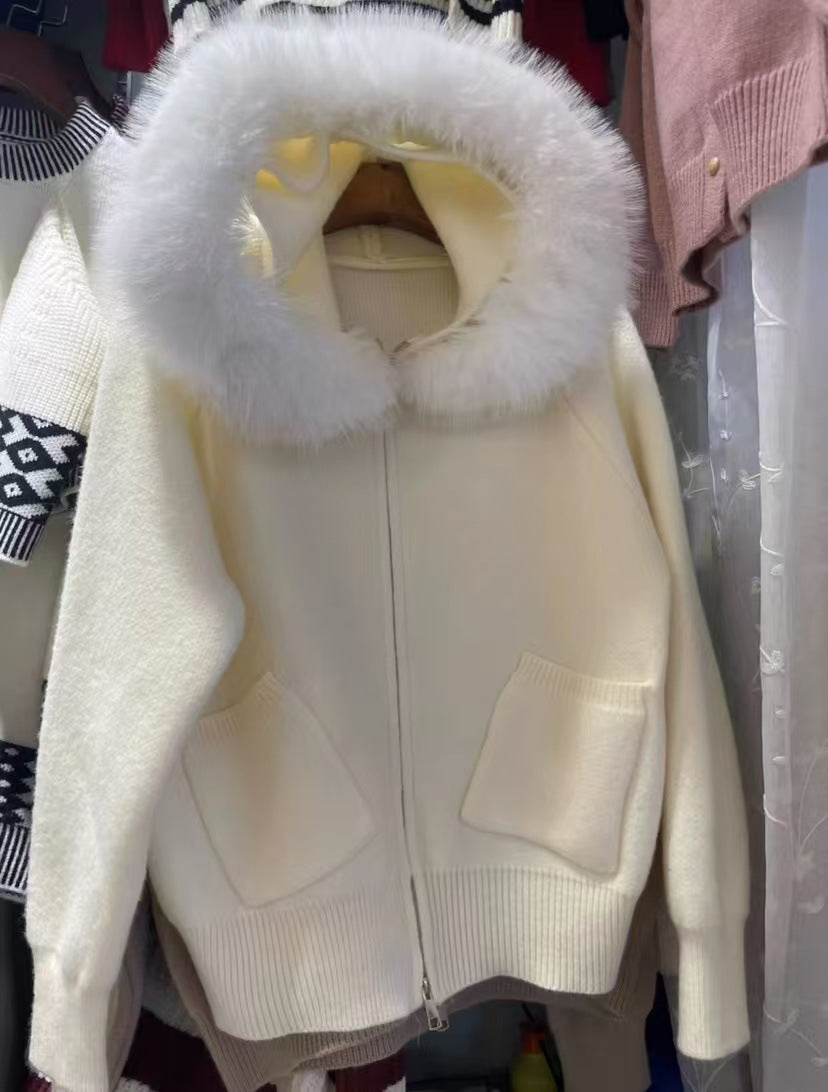 Thickened Hooded Large Fur Collar Knitted Women's Clothing Loose Casual Sweater