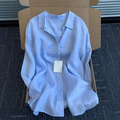 Summer Thin Linen Casual Cotton Linen Collared Sun Protection Top