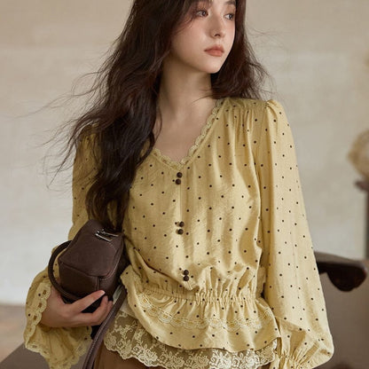 Yellow Polka-Dot Linen Blouse For Women Lace-Trimmed V-Neck Commuter-Style Designer Top