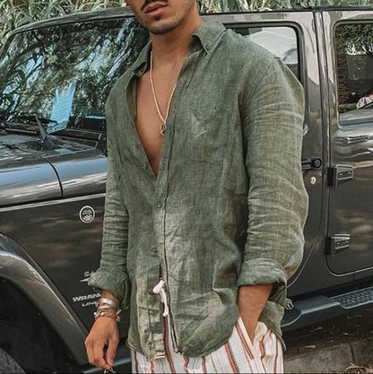 Foreign Trade Autum New Men's Pure Color European And American Loose Casual Lapel Long-Sleeved Cardigan Beach Shirt Men's Style