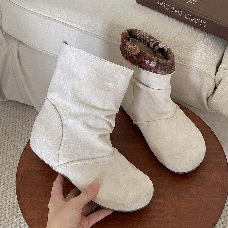 Slouch Ankle Boots Women Round Toe Soft Suede Inner Wedge Short Boots
