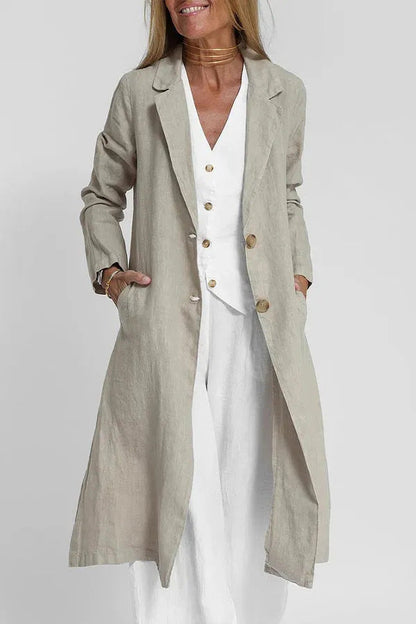 Long-sleeve Buttoned Cotton-linen Trench Coat With A Suit Collar