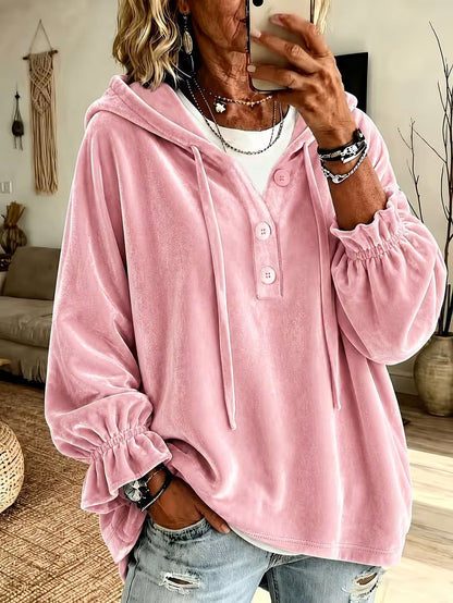 Annuo Fall Winter New Women Fashion Casual Loose Hooded Button Sweatshirt Top