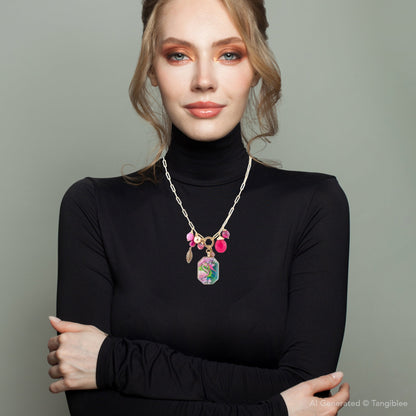 Flamingo Pink Agate Golden Pendant Necklace