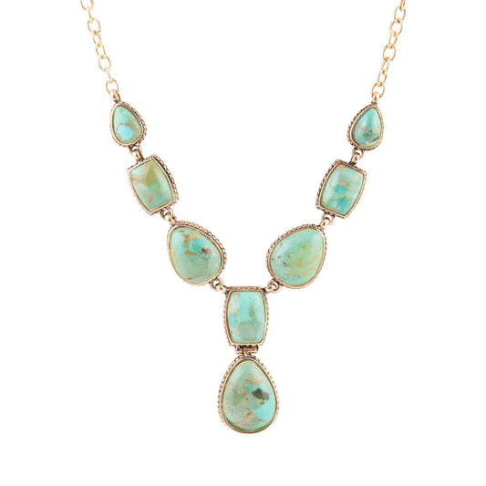 Genuine Blue Turquoise Roped Golden Bronze Y Necklace
