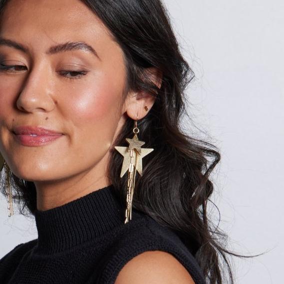 Gold Satin Zeppelin Star Fringe Earrings