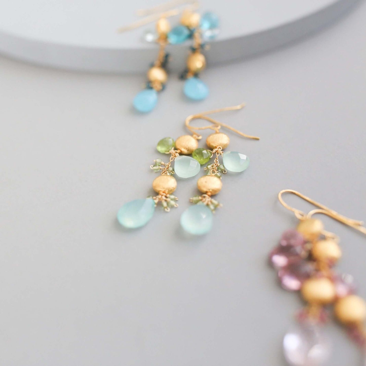 Pink Clear Quartz & Pink Tourmaline Gold Drop Earrings