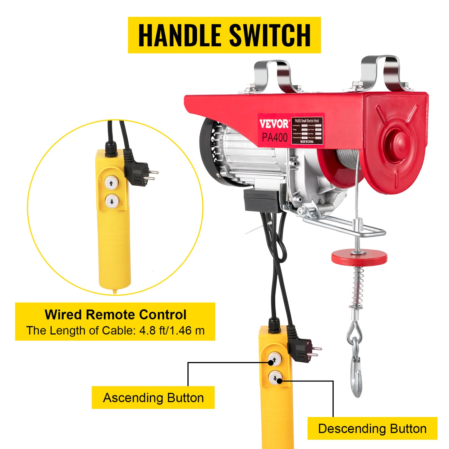 880 lbs / 400 kg Portable Electric Hoist Crane: Garage Winch with Wired Remote & Limit Switch