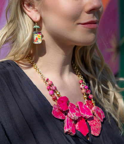 Pink Magenta Dreams Jasper and Goldtone Statement Necklace