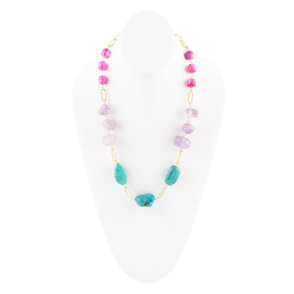 Purple Periwinkle Amethyst and Blue Turquoise Long Golden Necklace