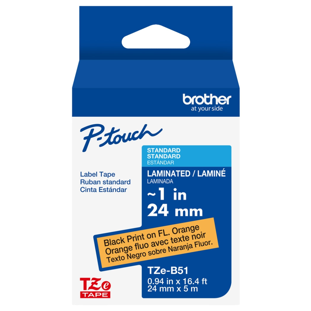 New, Pre-owned, Brother P-Touch TZE-B51 Tape, 1" (0.94") Wide Standard, Black on Fluorescent Orange, Laminated Tape
