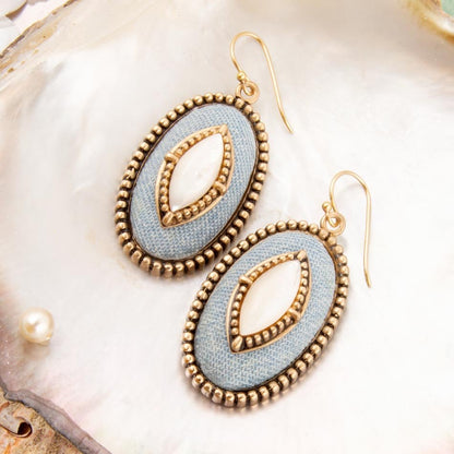 Blue Denim Dreams White Mother of Pearl Golden Drop Earrings
