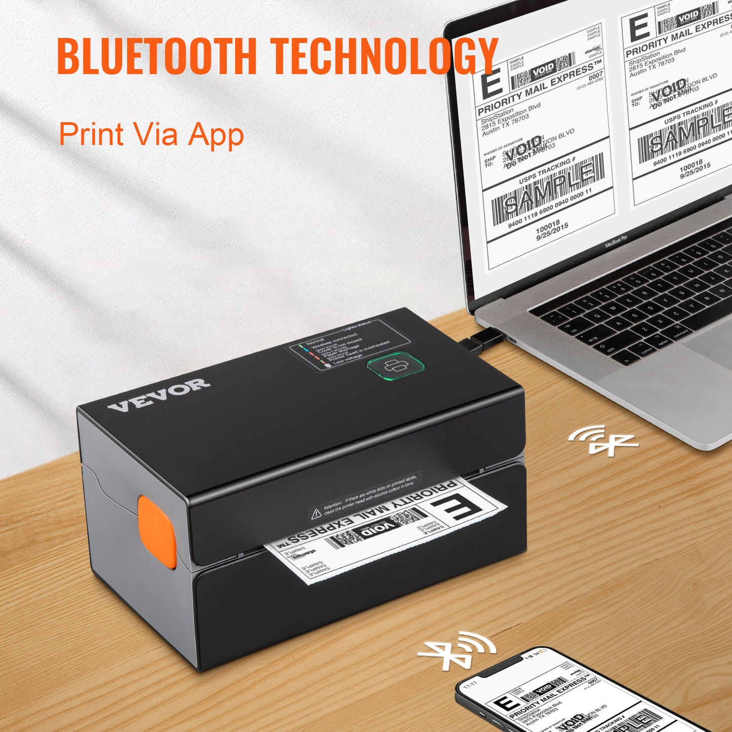 VEVOR Thermal Label Printer Portable Printer 300DPI for 4x6 Mailing Packages Printing w/ Bluetooth & Automatic Label Recognition