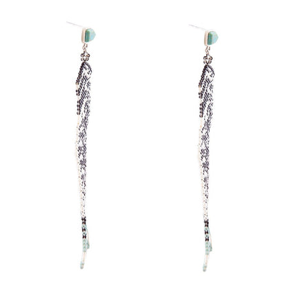 Turquoise Long Woven Seed Bead Earrings