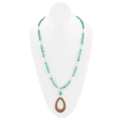 Blue Turquoise and Brown Woven Wood Pendant Sterling Silver Necklace