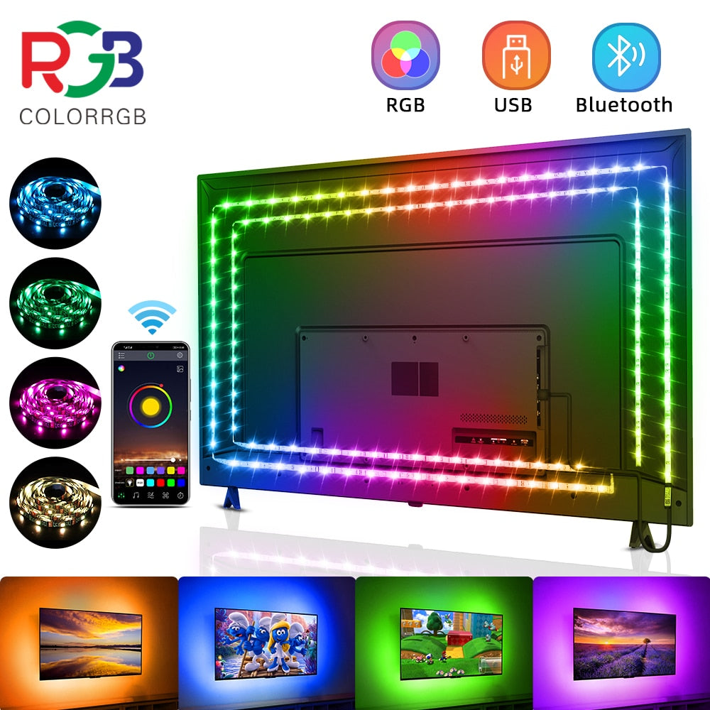 Vivid ColorRGB 5050 LED Strip Light: Bluetooth App-Controlled, USB-Powered, Flexible Ribbon Tape for TV Backlight with 16 Million Colors