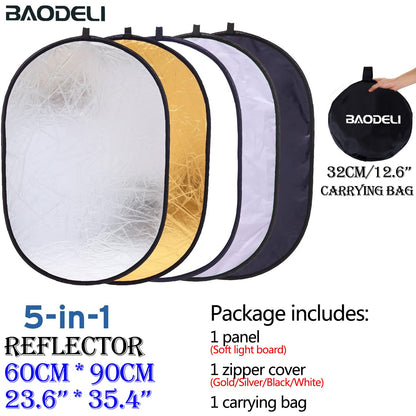 23.6"x35.4" 60x90cm 5in1 Reflector Photography Collapsible Portable Light Diffuser Oval Photo Multi Color Silvery Black