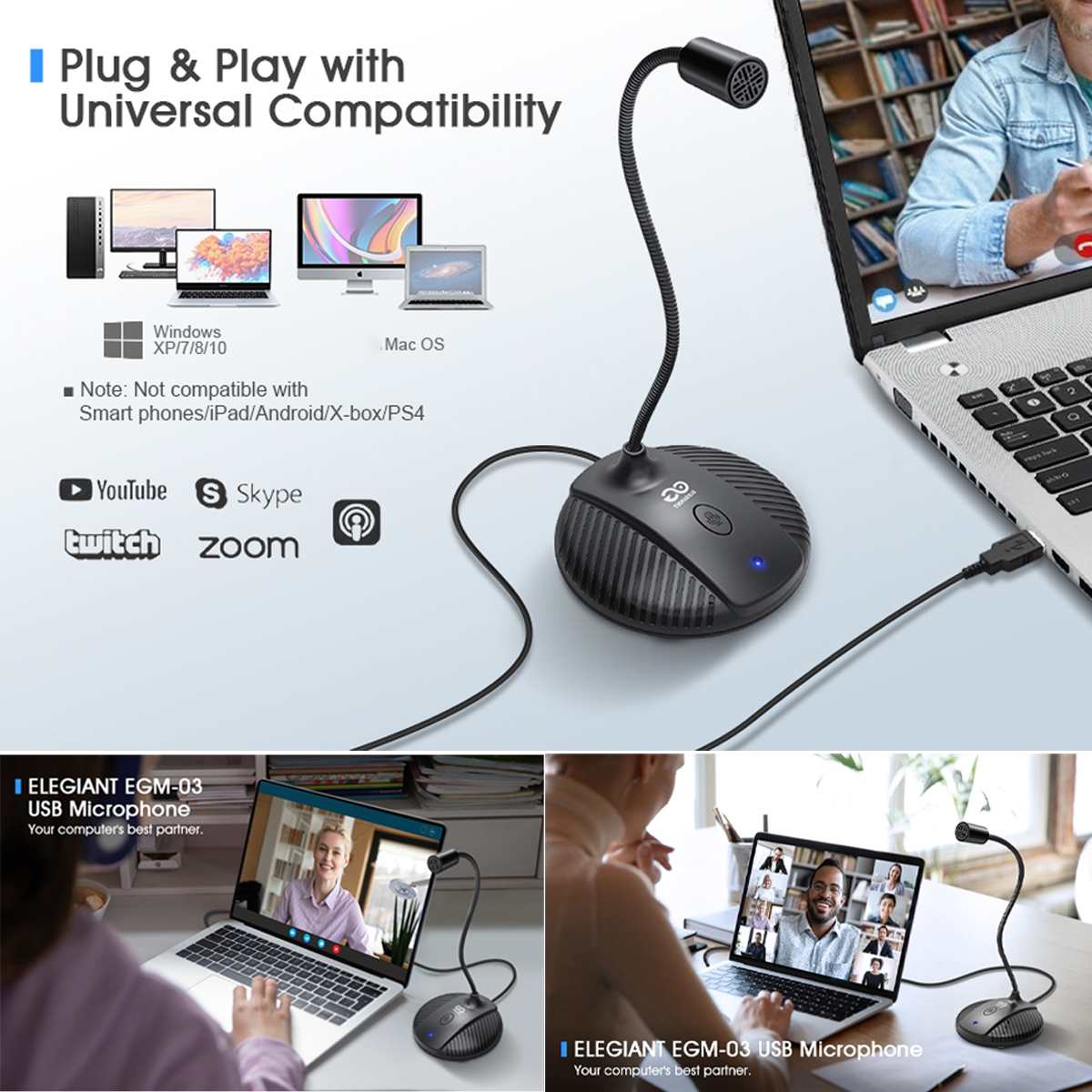 ELEGIANT EGM-03 USB Microphone Computer Desktop Mic PC Laptop for Gaming Live Streaming Meeting Recording Video Conference