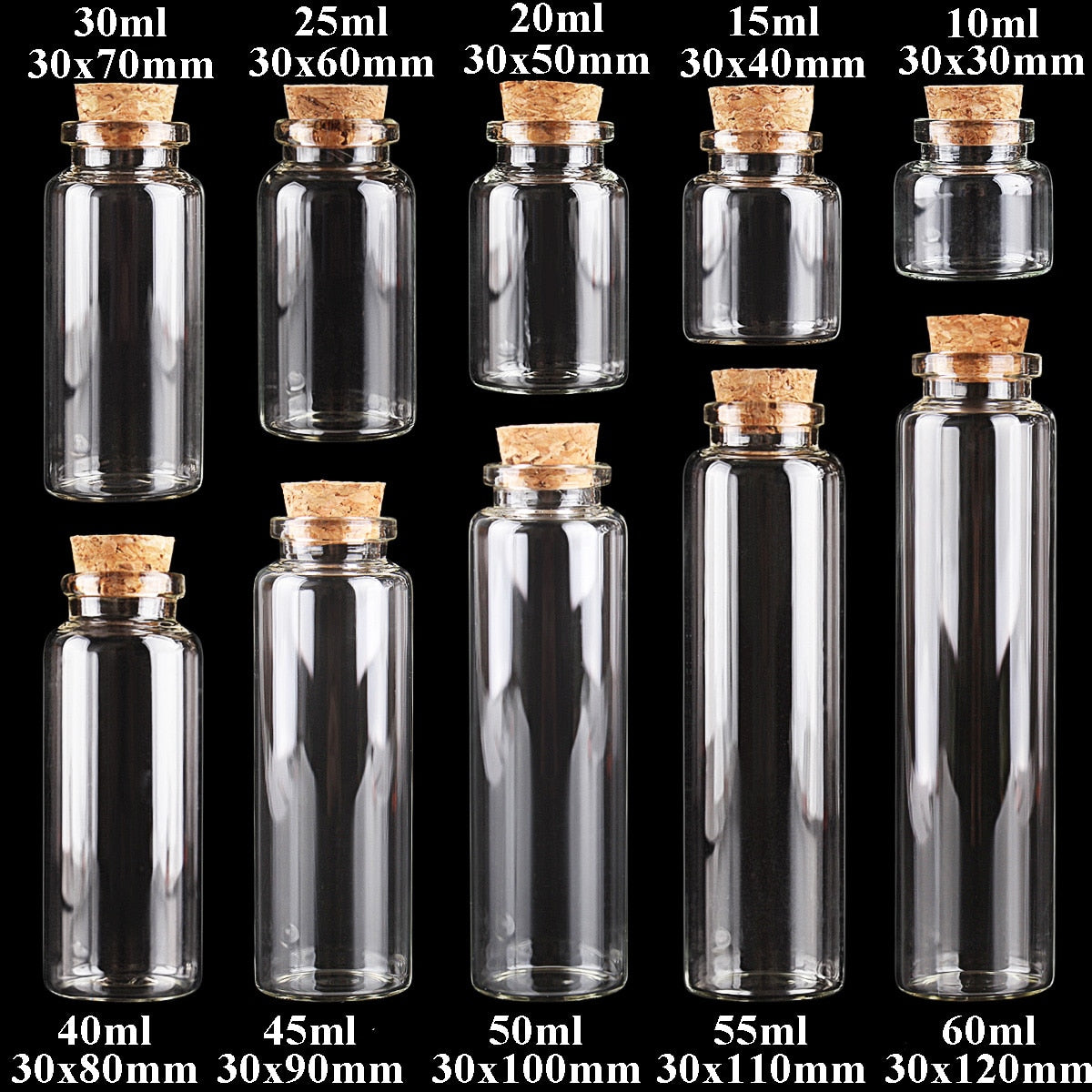 24 Clear Glass Bottles with Cork Stoppers - Various Sizes (10ml to 30ml) - Perfect for DIY Crafts, Spice Storage, and Vials