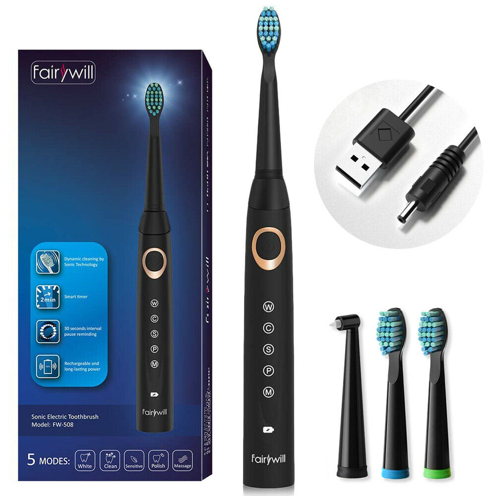 Fairywill FW-508 Sonic Electric Toothbrush Rechargeable Timer Brush 5 Modes Fast Charge Tooth Brush 8 Brush Heads for Adults