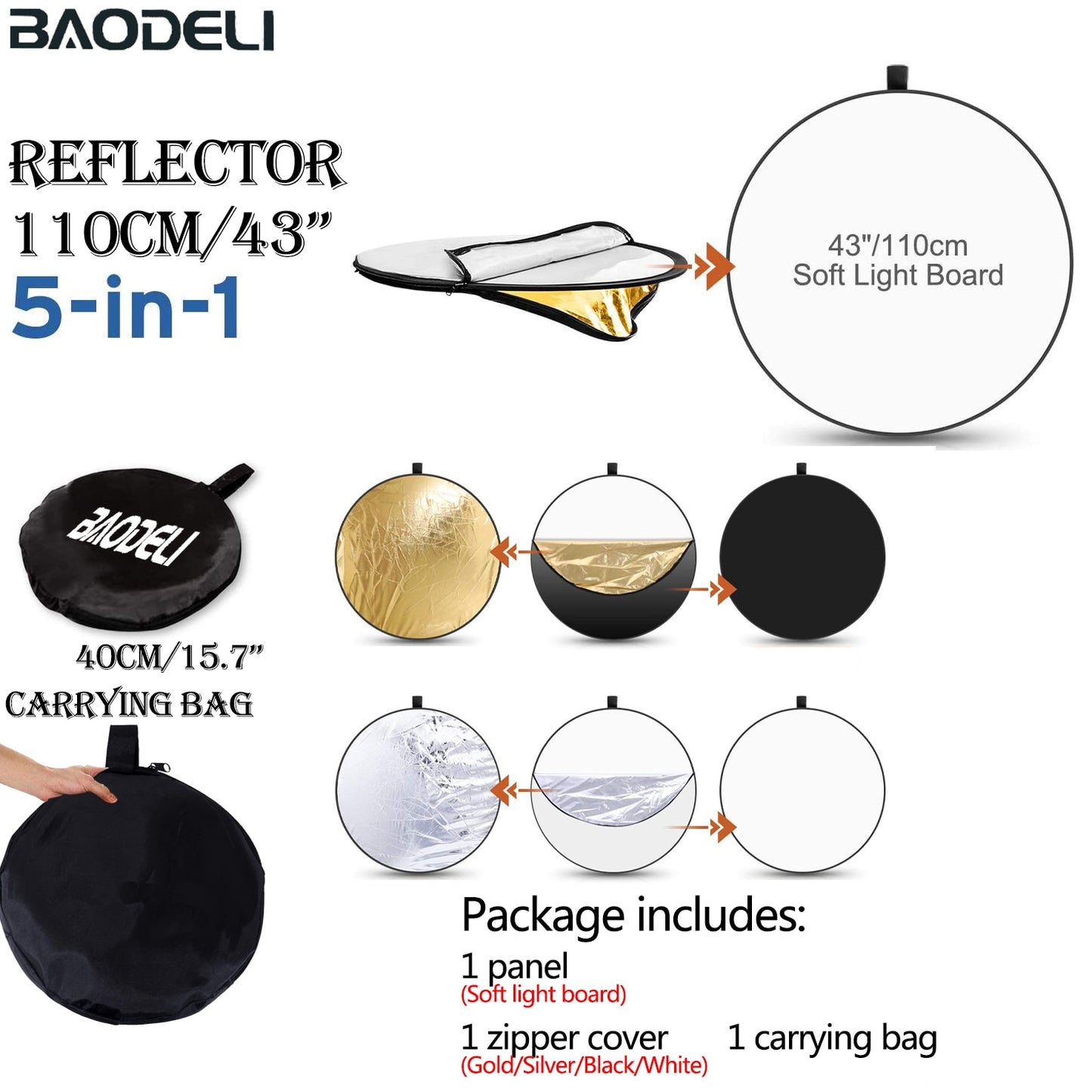 23.6"x35.4" 60x90cm 5in1 Reflector Photography Collapsible Portable Light Diffuser Oval Photo Multi Color Silvery Black