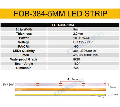 12V 24V FOB COB LED Strip 5mm 8mm Flexible Tape LED Bar Light CRI 90 Red Green Ice Blue Pink Yellow White Color for House Decor
