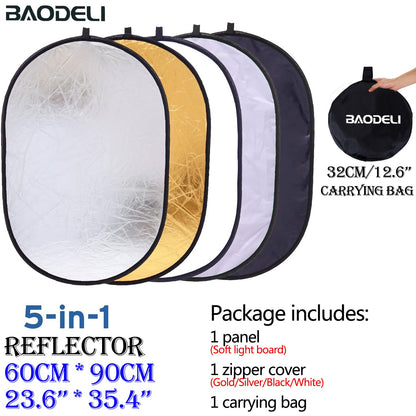 24&quot; 60cm 5in1 Reflector Photography Collapsible Portable Light Diffuser Round Reflector For Photo Multi Color Silvery Black