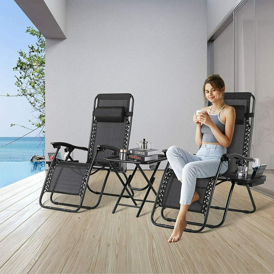 2PC Garden Sun Lounger Set with Table Folding Flexible Adjustable Zero Gravity Recliner Chair Seat Indoor/Outdoor 2 Colors
