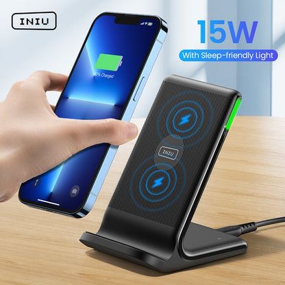 INIU 15W Wireless Phone Charger Holder Auto-Adaptive LED Indicator Type C Cord Fast Charge Pad For iPhone Airpods Samsung Xiaomi