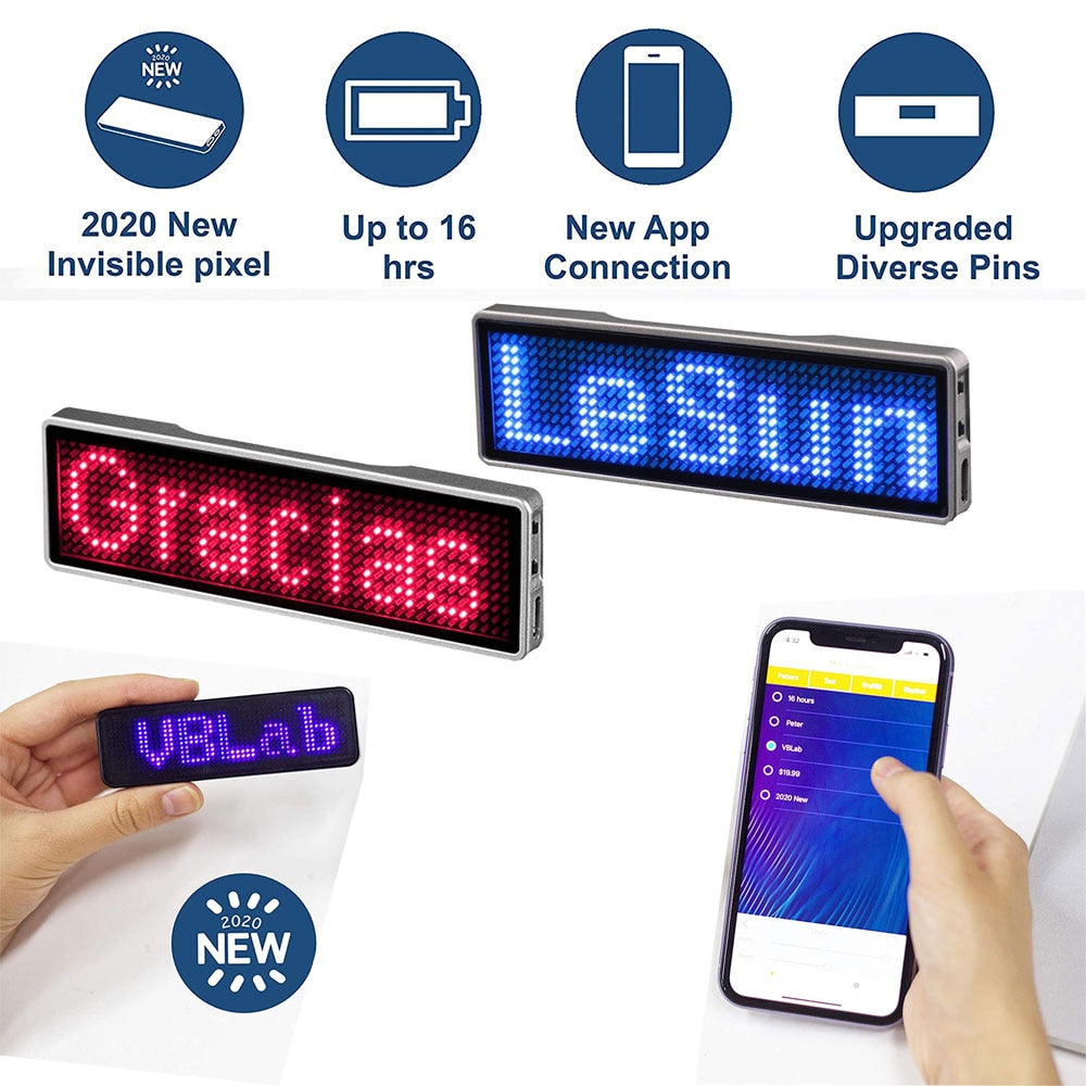 Fully New Bluetooth LED Name Badge DIY Programmable Scrolling Message Board Mini LED Display HD Text Digits Pattern Display